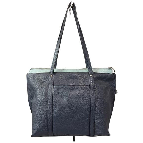 Coach May Navy Blue Pebbled Leather Tote Shoulder Bag Two Tone Light Blue Trim - Picture 4 of 15